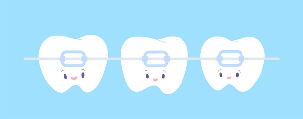 Cute smiling teeth with braces isolated on light blue background. Concept of dental clinic, dentistry, wearing braces, teeth straightening. Flat vector illustration cartoon character.
