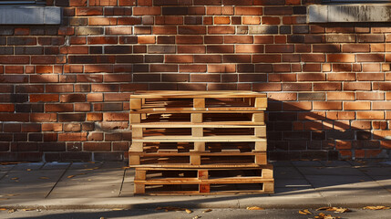 Stack of wooden pallets against old brick wall in backyard off a industrial warehouse of. a cargo delivery company