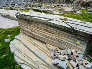 Close up view of layered rock formation in Mercantour National Park in the Valley of Marvels near...