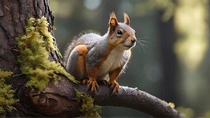 Naklejka na ściany i meble Curious Squirrel Perched on Tree Branch in Woodland, Generative AI