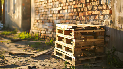 Stack of wooden pallets against old brick wall in backyard off a industrial warehouse of. a cargo...