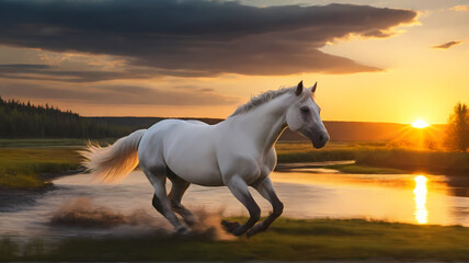 Graceful White Horse Galloping Along Riverside at Sunset, Generative AI