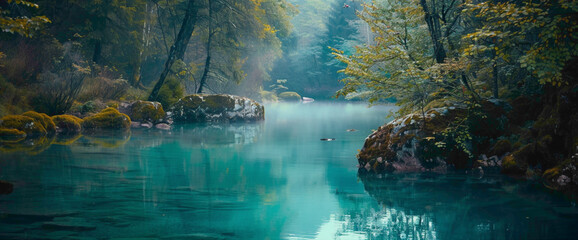 A tranquil teal-colored river winding its way through a lush forest, inviting peaceful contemplation.