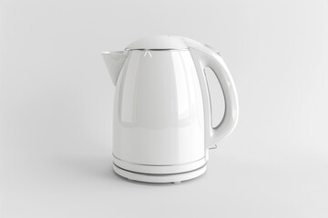 A glossy white electric kettle with a curved handle and a concealed heating element isolated on a solid white background.