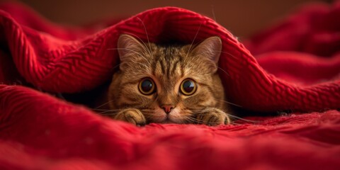 A Cat Hiding Under a Red Blanket