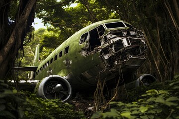 Airplane wreck in the jungle. Wracked old rusty Airplane overgrown with foliage in jungle forest. Missing flight.
