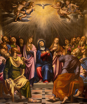 MILAN, ITALY - MARCH 6, 2024: The painting of Pentecost in the church Basilica di Santa Eufemia by Simone Peterzano (1535 &ndash; 1599).