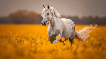 Fototapeta premium A white horse gallops through a sunlit field, surrounded by tall grass and a riot of yellow wildflowers In the distance, trees dot the background
