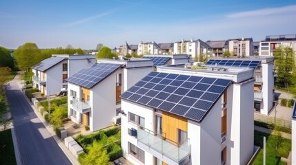 Eco-friendly apartment buildings with solar panels on roofs surrounded by autumn trees. Apartment buildings with environmentally friendly large batteries on rooftops on edge of multi-colored trees