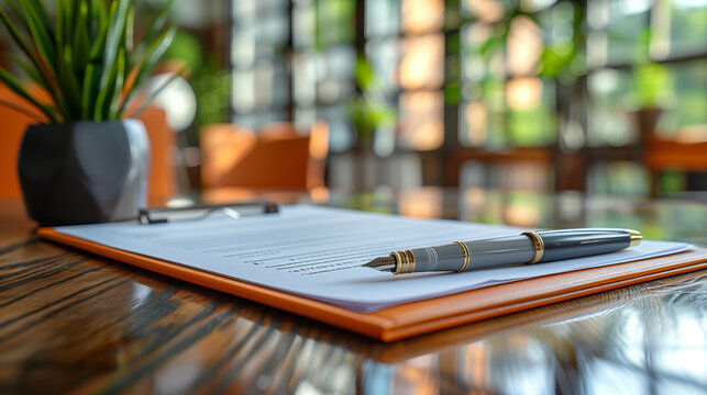 Contract agreement and pen on modern office desk, ready to sign, household green small plant and minimalist office room interior
