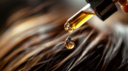 A close-up of oil droplets used for restoring and nourishing hair, applied to the scalp in a hairdresser spa salon setting.