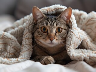 Cat Hiding Under Blanket on Bed