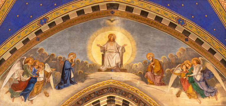 MILAN, ITALY - MARCH 6, 2024: The frosco Jesus in his glory among siants in the church Basilica di Santa Eufemia by Luigi Cavenaghi from end of 19. cent.