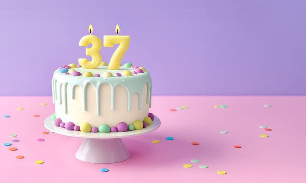 37th birthday cake celebrating 37 years on an isolated, colorful pastel background.