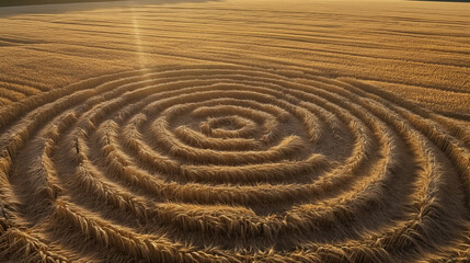 Fototapeta na wymiar Stunning sunrise over a perfectly formed crop circle in a thriving wheat field