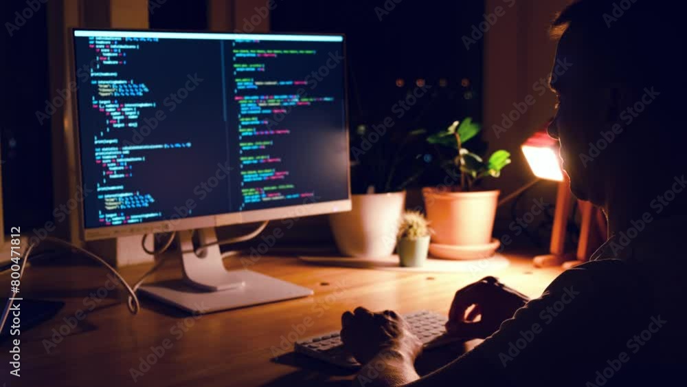Wall mural a young man programmer coding on a laptop in the dark with a view of the lights of the night city, c