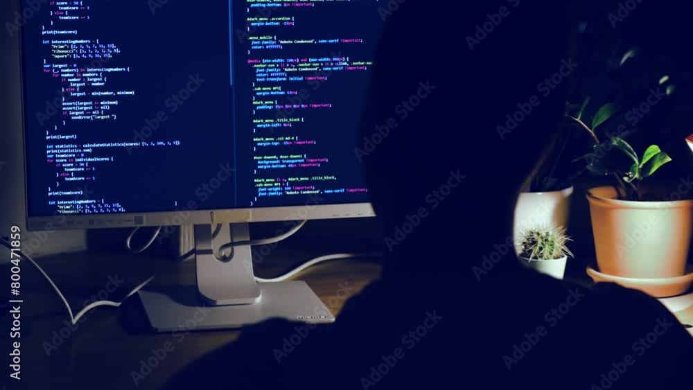 Wall mural a young man programmer coding on a laptop in the dark with a view of the lights of the night city, c