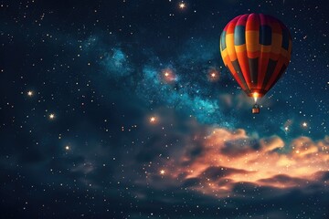 a hot-air balloon flying stars in the night sky
