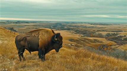   A large buffalo atop a dry grass-covered hill overlooks a valley of interspersed hills and trees