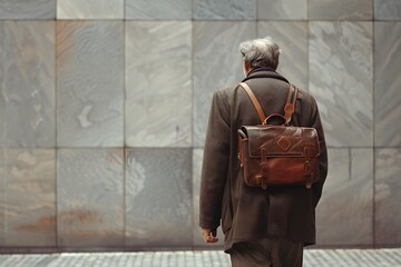 back view of an old teacher carrying a briefcase