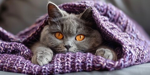 Gray Cat With Orange Eyes Hiding Under Purple Blanket - obrazy, fototapety, plakaty