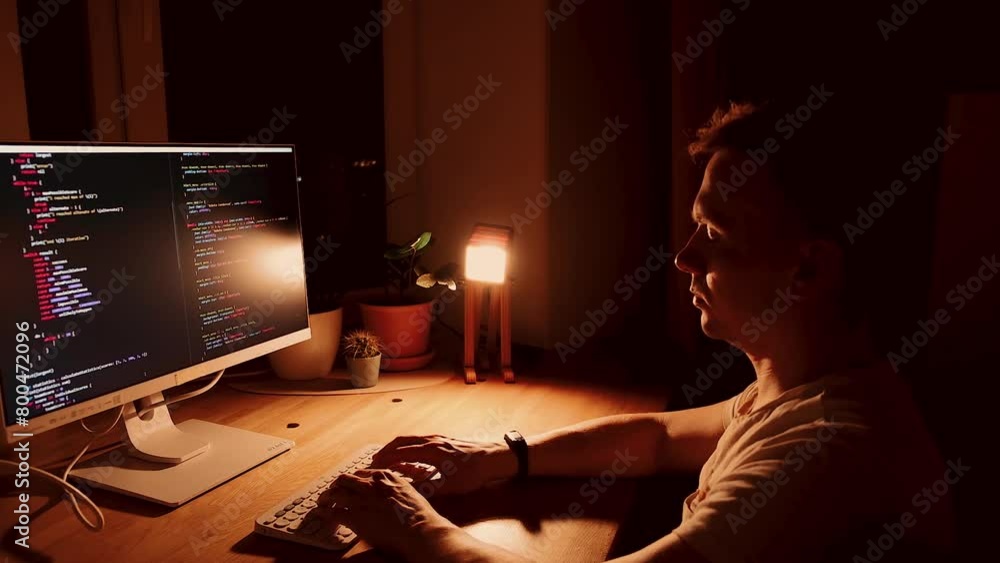 Wall mural a young man programmer coding on a laptop in the dark with a view of the lights of the night city, c