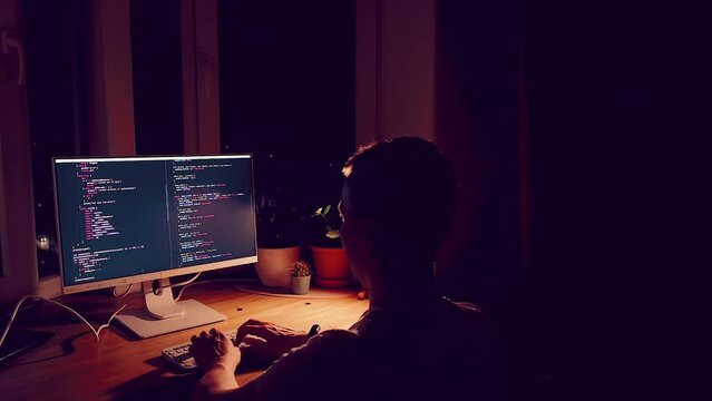 A young man programmer coding on a laptop in the dark with a view of the lights of the night city, color lighting in the room. Coding and hacking concept. Saint Petersburg, Russia - 20 April 2024