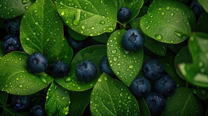 Close-up of dewy blueberries among leaves. - obrazy, fototapety, plakaty