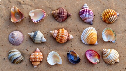 Fototapeta na wymiar Assorted seashells on sand, showcasing a variety of patterns and colors.