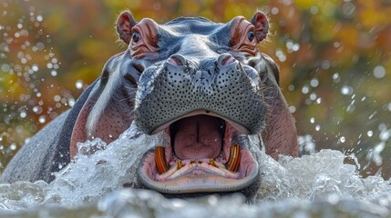  A tight shot of a hippo submerged in water, gaping widely