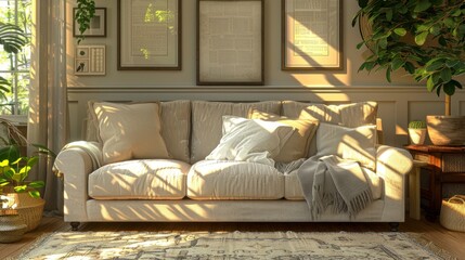 Fabric Sofa Relaxation: A 3D vector illustration featuring a fabric sofa as a centerpiece of relaxation