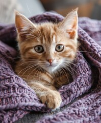Small Kitten Laying on Top of a Purple Blanket