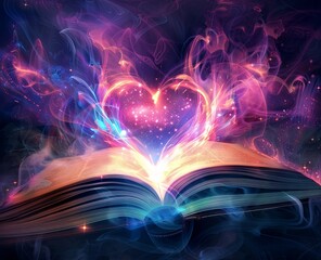 An open book with a heart-shaped book resting on top, symbolizing the merging of love and education. Open book with heart-shaped magical pages