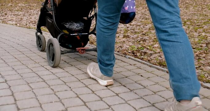 Father drives a stroller in the park