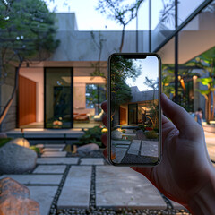 A hand holding their smartphone taking a corrective photo that adjusts the image of what it's looking at, taking a photo of their modern industrial home from the backyard looking at the pathway