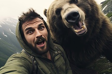 Reckless man taking selfies shot with wild bear endangering himself. Brave Caucasian bearded man takes selfie with brown bear. Close-up