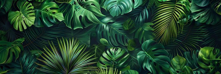 Tropical leaves background. Green leaf banner and floral jungle pattern concept. Abstract green leaf texture