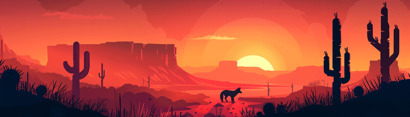 Serene desert landscape at sunset, featuring cacti silhouettes against a fiery sky, a lone fox in the foreground