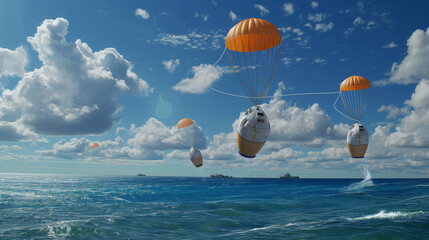 Imaginative concept of space capsules with parachutes landing on the ocean, suggesting innovation and discovery in space travel - Powered by Adobe