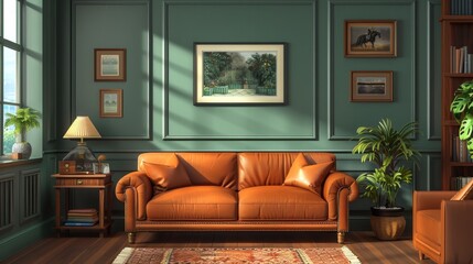 Leather Sofa Living Room: A 3D vector illustration of a leather sofa as the centerpiece of a living room