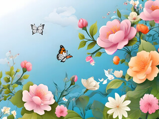 spring background with butterflies  nature, design, illustration,Ai generated 