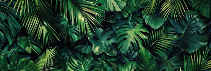 Tropical leaves background. Green leaf banner and floral jungle pattern concept. Abstract green leaf texture