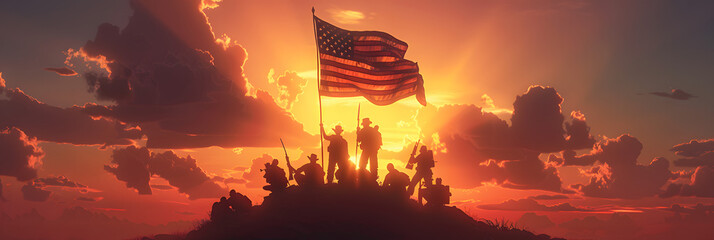 A group of friends raising an American flag atop a hill