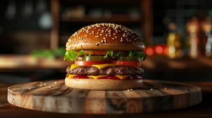 the most beatifull and tasty burger on wooden plate 