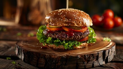 the most  tasty burger on wooden plate 