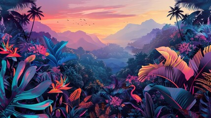 Tropical background. Exotic landscape, hand-drawn design style. Luxury wall mural. Leaf and flowers.