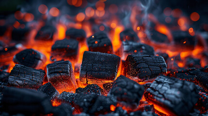 Barbecue Grill Pit With Glowing And Flaming Hot Charcoal Briquettes, Close-Up