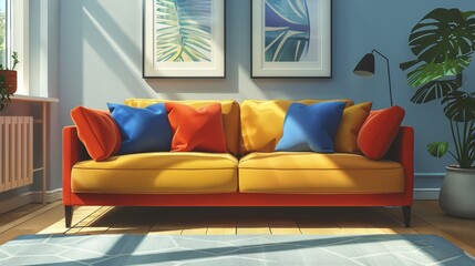 Living Room Sofa Stylish: A 3D vector illustration of a stylish sofa in a modern living room