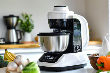 A modern food processor with digital controls and LCD display, offering easy operation and monitoring.