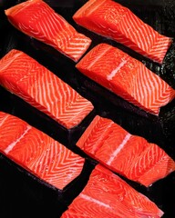 Sliced fresh salmon fillets on black background, highlighting vibrant pink hues and marbled...